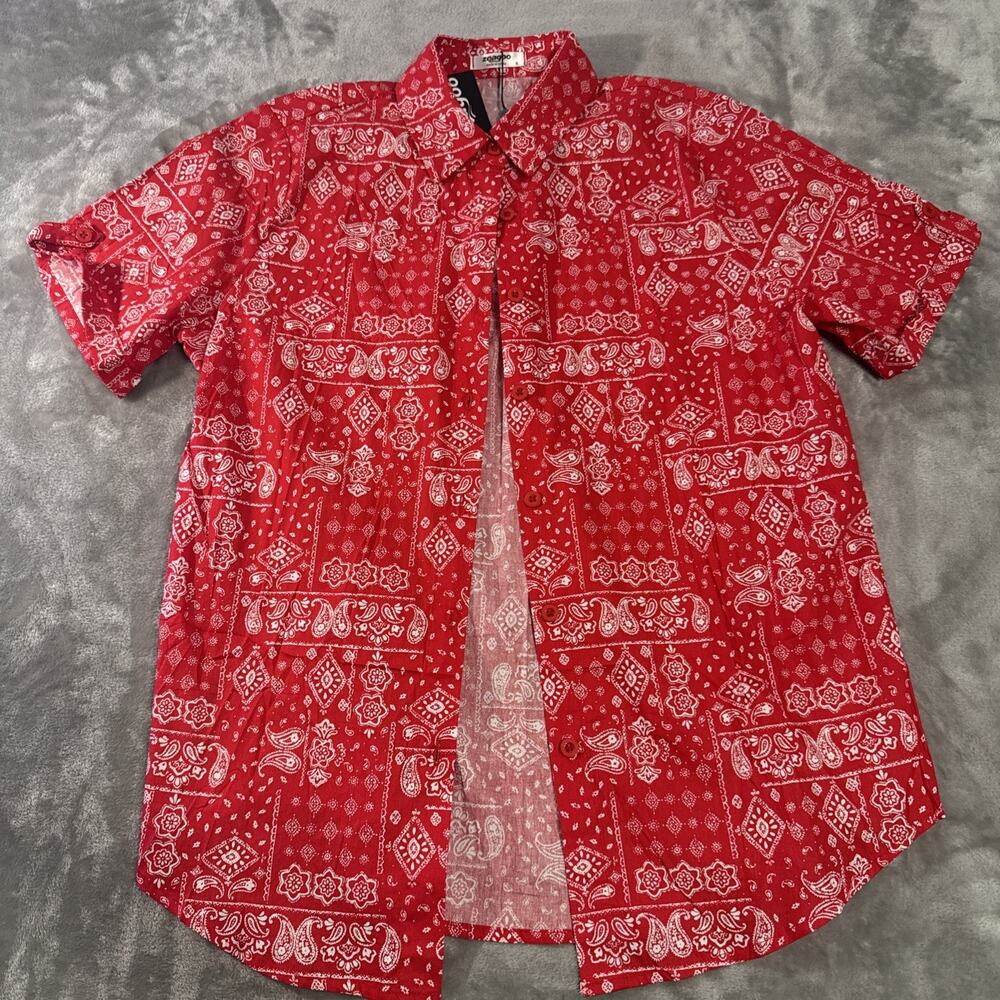 NWT Zeagoo Women Button Down Shirt S/Sleeve Red Paisley Size SMALL NEW Print